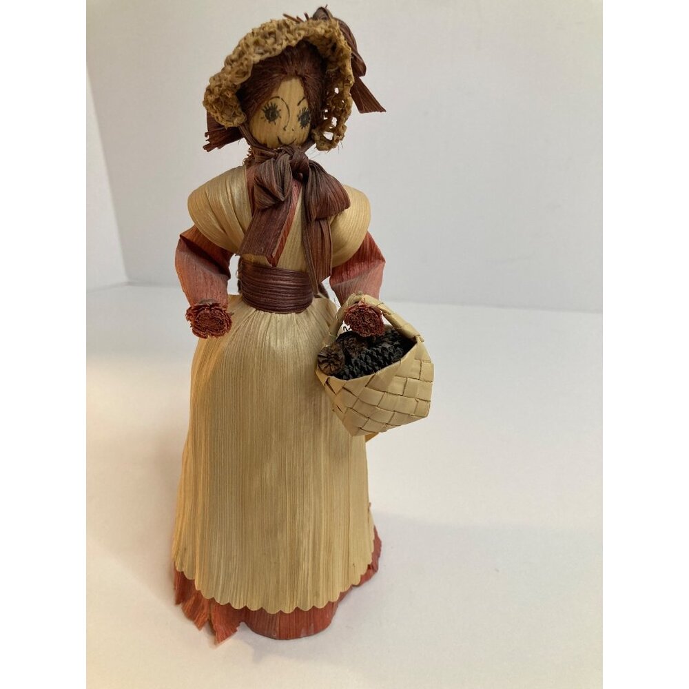 Vintage‎ 80s Corn Husk Trudie Doll Hat Basket Pinecones Signed 1980 8"